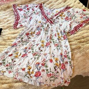 Bila Floral V-Neck Dress with Red and Yellow Accents